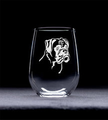 Boxer Dog themed etched design on stemless wine glass
