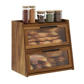 Acacia wood bread box on kitchen counter