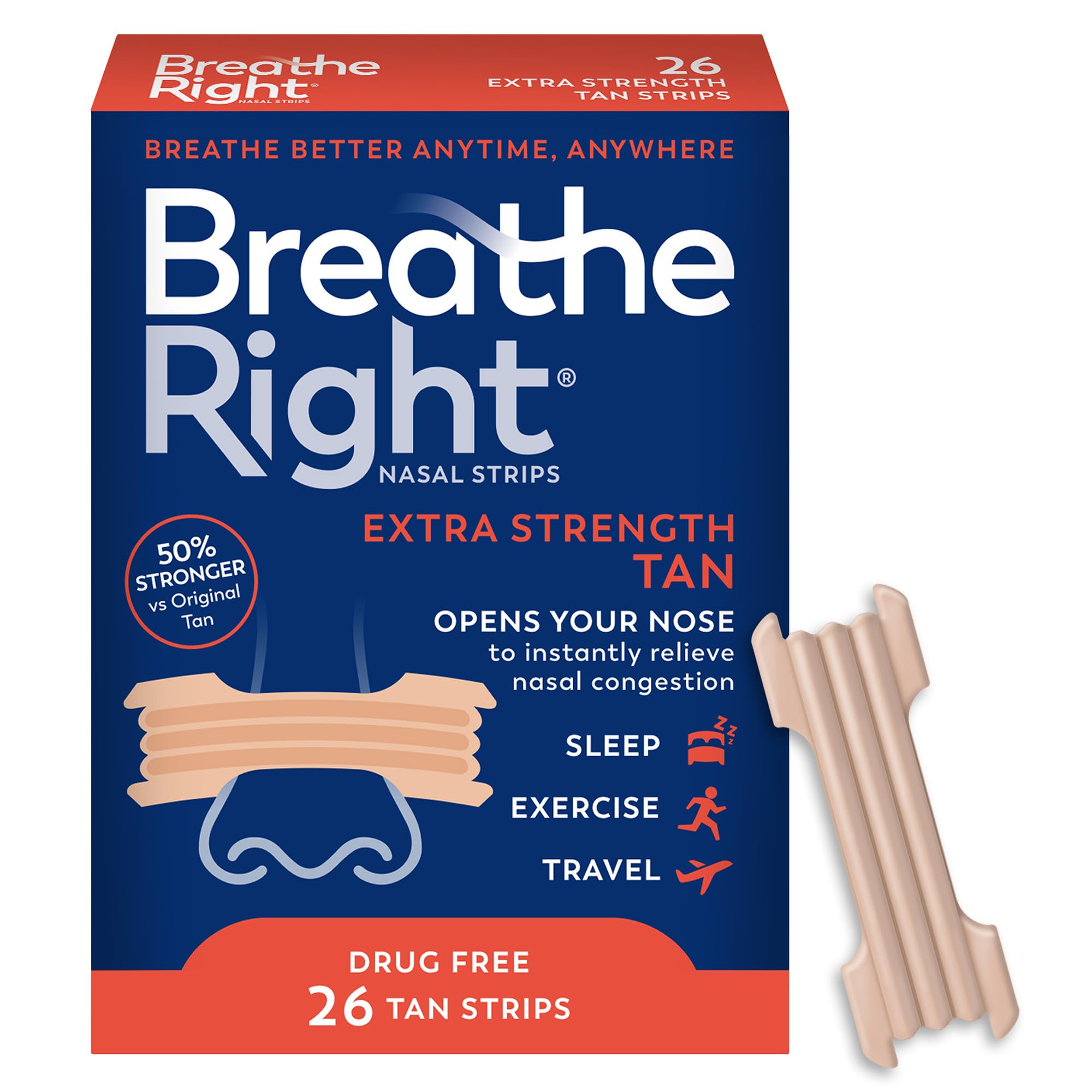 Breathe Right Nasal Strips Extra Strength tan 26ct package