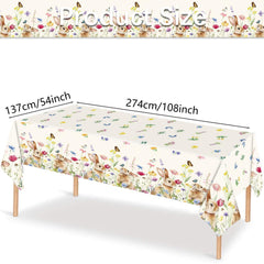 Rectangular disposable table cover with watercolor rabbits and wildflowers