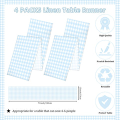 Gingham linen table runner blue white 71x13 inches for farmhouse decor