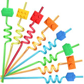 Building Blocks Party straws with red brick block pattern