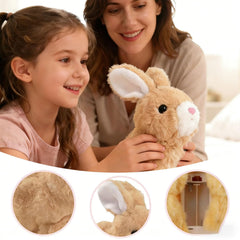 Toy bunny jumping and twitching ears in white color