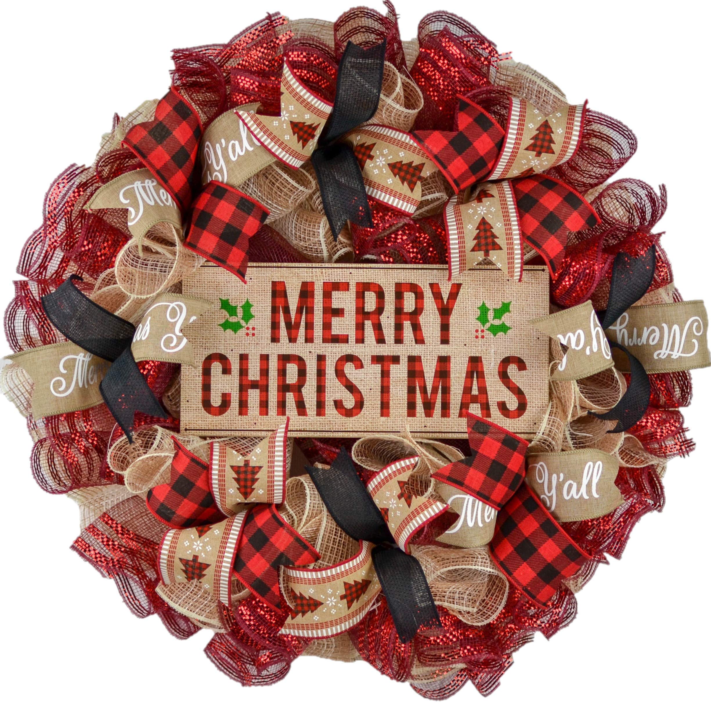 Burlap Christmas Buffalo Plaid Wreath 24 inch front door decor