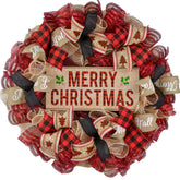 Burlap Christmas Buffalo Plaid Wreath 24 inch front door decor