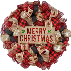 Burlap Christmas Buffalo Plaid Wreath 24 inch front door decor