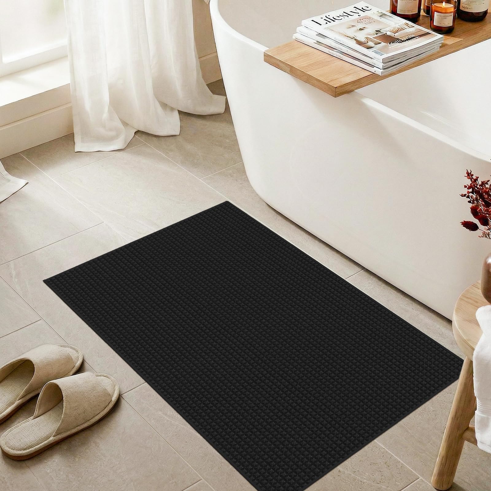 BYYVOO waffle bathroom rug 2x3 black front view