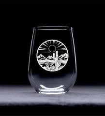 Desert landscape etched glass by C M brand stemless wine glass