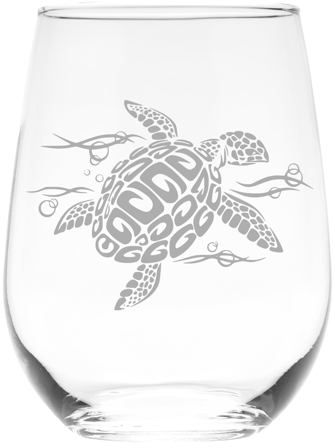 C M Sea Turtle Stemless Wine Glass with etched sea turtle design 17 oz