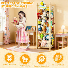 Stuffed animals neatly organized in cage-style storage unit