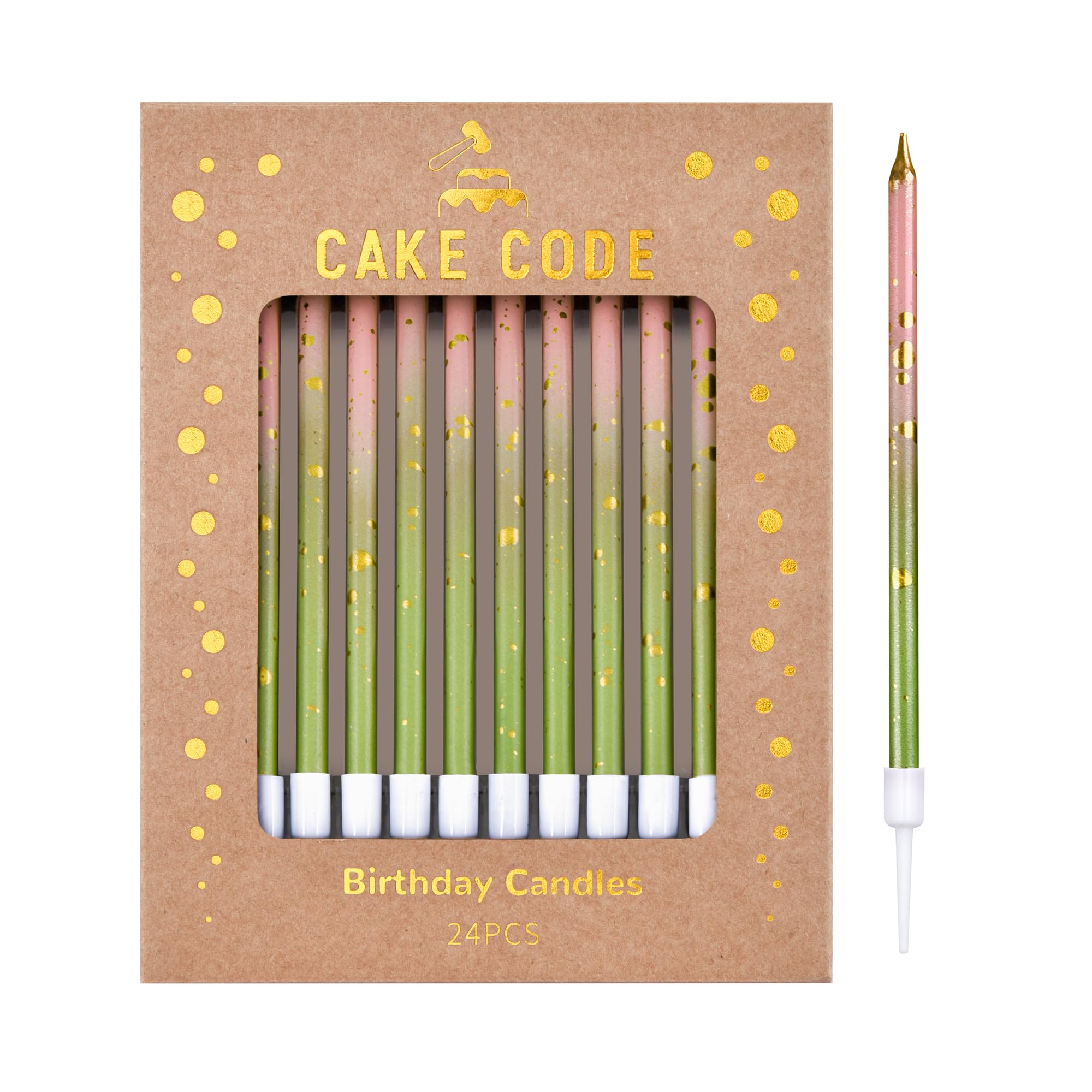 CAKE CODE pink green gold long thin candles on cake