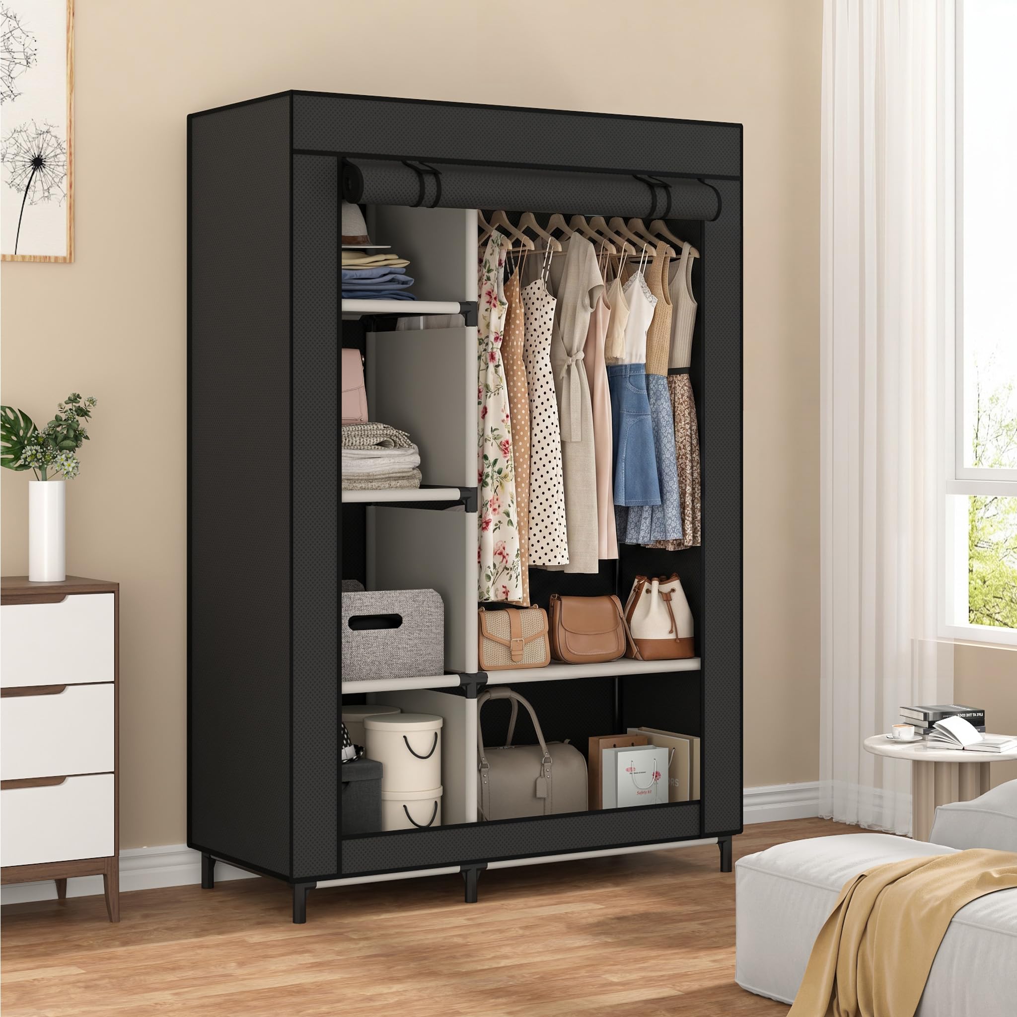 Calmootey Portable Closet Organizer with four small shelves and two large shelves