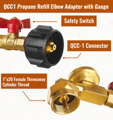Solid brass propane adapter with gauge for large tanks