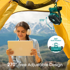 Foldable hook design lets you hang the fan in a tent or on a desk
