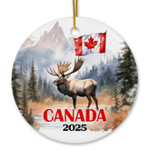 Canada Moose Mountain Scene Christmas Ornament front view with moose in conifer forest