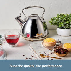 Induction compatible stainless steel tea kettle ready for cooking surface