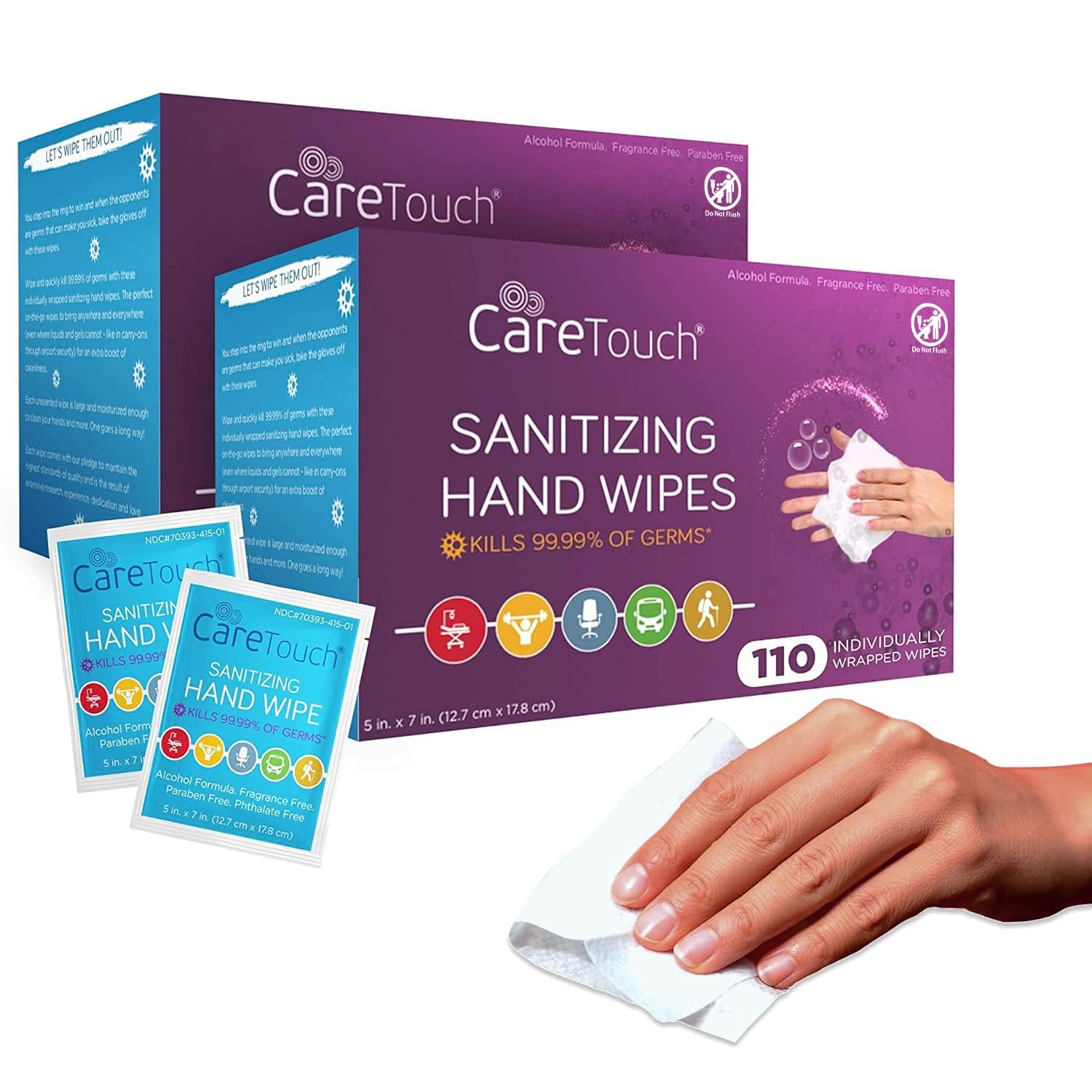 Care Touch Hand Sanitizer Wipes 110 packets individually wrapped