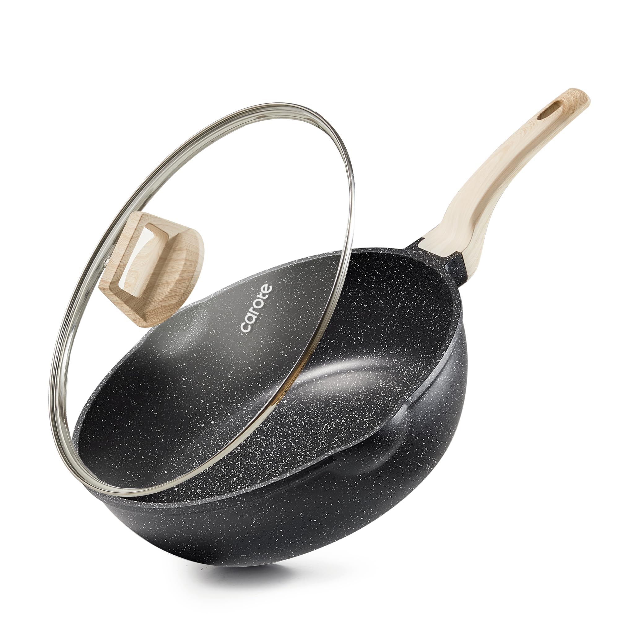 CAROTE 12 inch nonstick deep frying pan with lid 5.5 Qt Black Granite