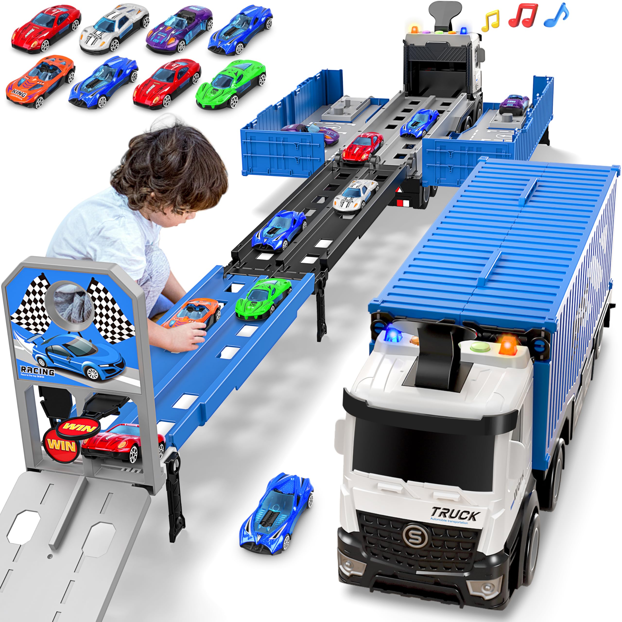 Carrier Truck Race Track toy with dual launcher tracks