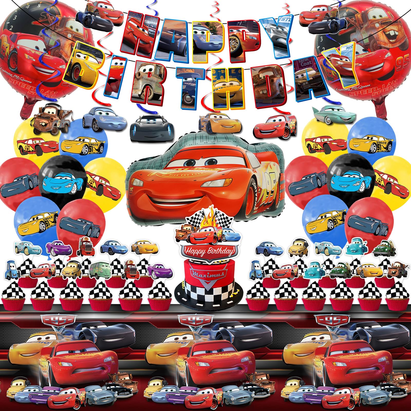 Cars Birthday Party Supplies banner and tablecloth with toppers and balloons