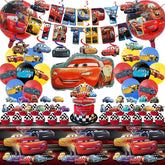 Cars Birthday Party Supplies banner and tablecloth with toppers and balloons