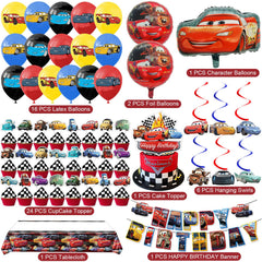 Cars theme party decorations kit with banner balloons swirls and toppers