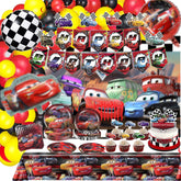 Cartoon Birthday Party Supplies Set contents with balloons banner and toppers