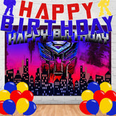 Cartoon Robot Birthday Party banner and backdrop