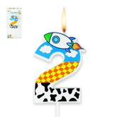 Cartoon Story Birthday Candle rocket topper on blue sky backdrop