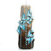 Carved Candle Blue Flowers 8 inch in brown blue palette