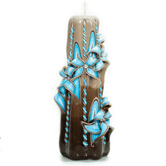 Carved Candle Blue Flowers 8 inch in brown blue palette