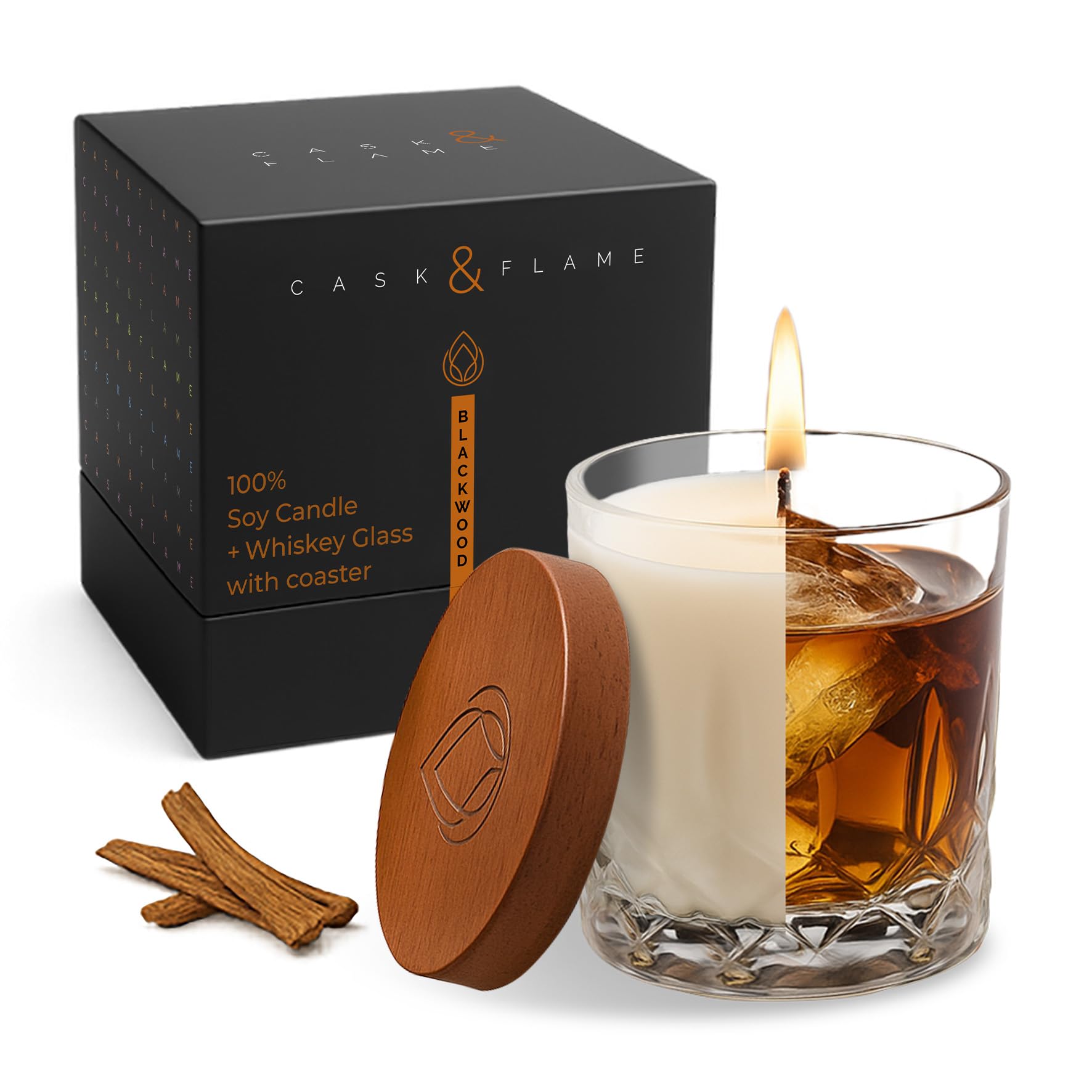 Cask & Flame candle gift for men with whiskey glass and lid