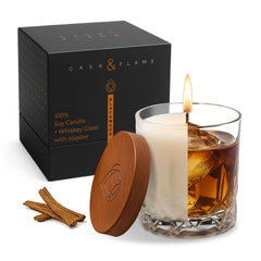 Cask & Flame candle gift for men with whiskey glass and lid