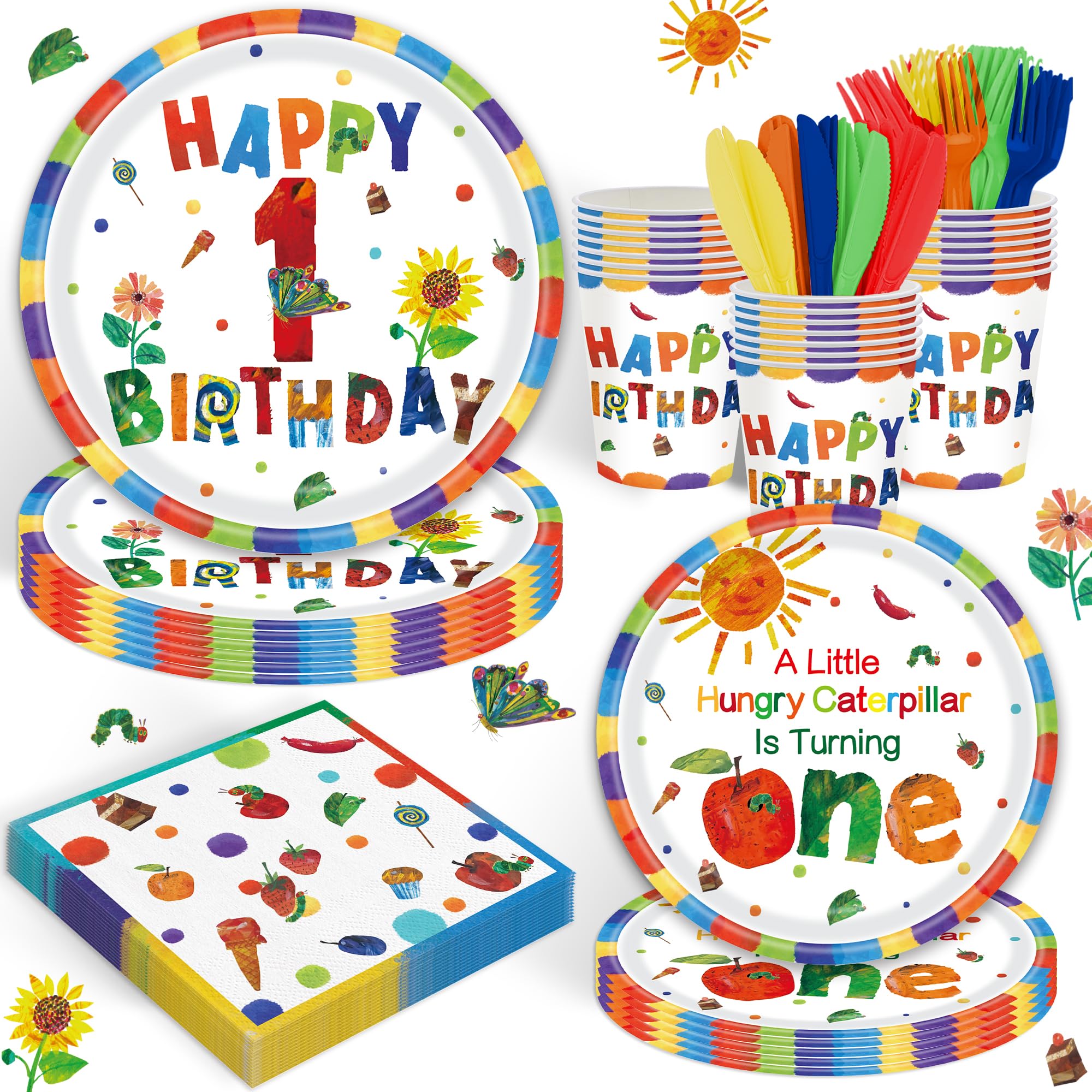 Caterpillar 1st Birthday tableware set complete for 20 guests including plates cups and utensils