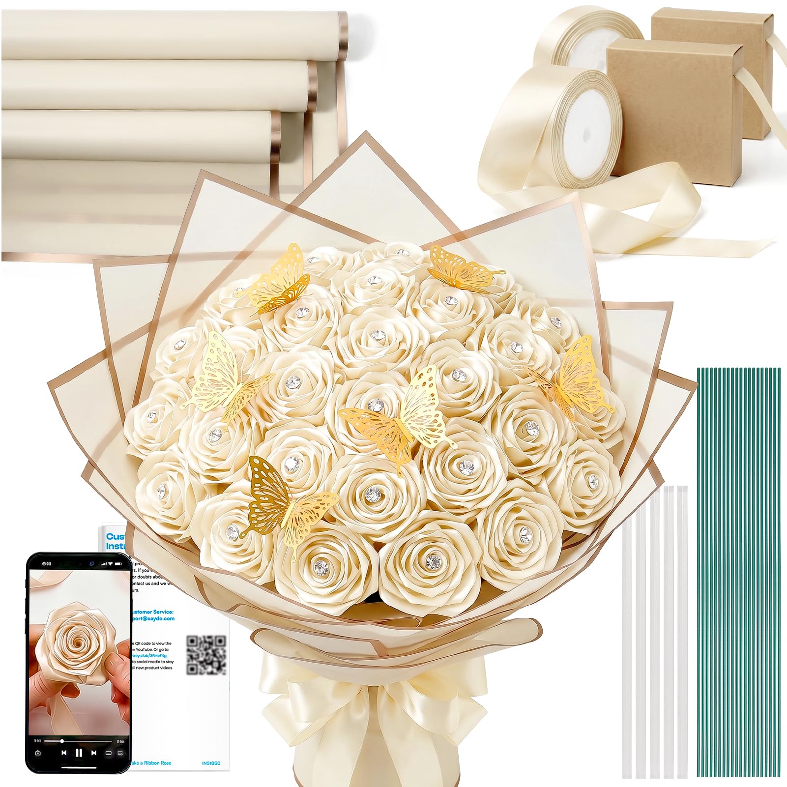 Caydo Ivory Ribbon Rose Bouquet kit packaging