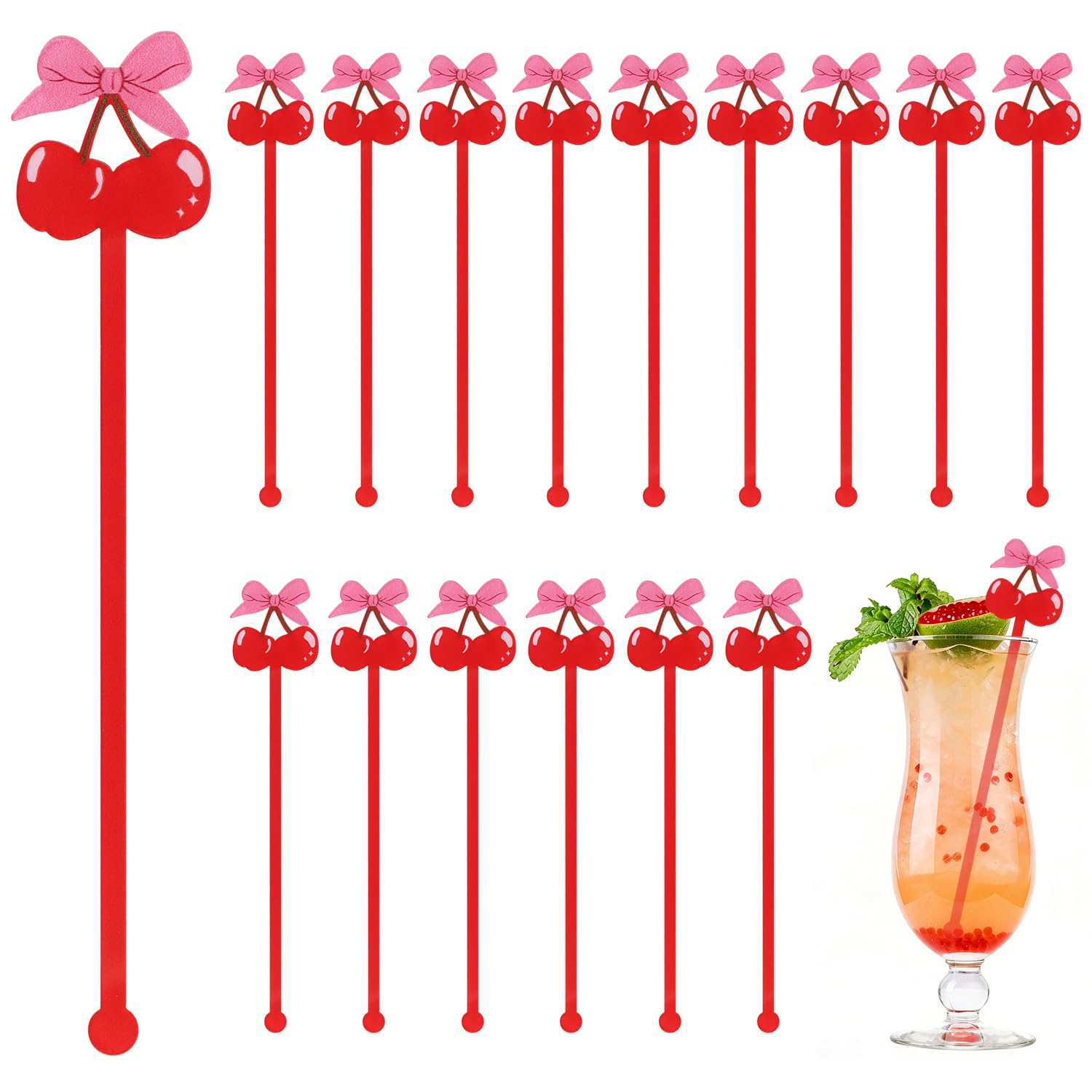 CCINEE 30Pcs pink bow cherry cocktail stirrers set