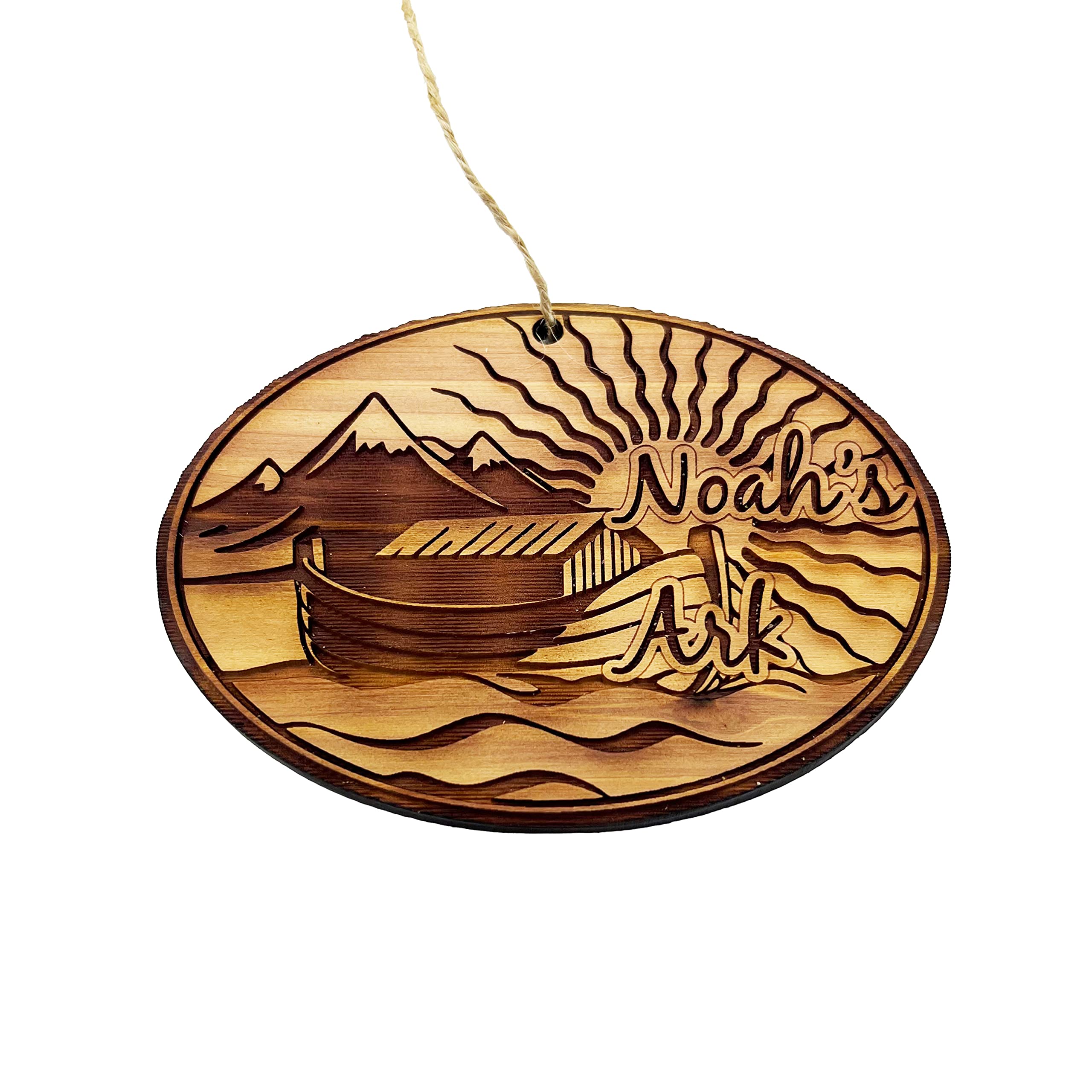 Close up of Cedar Ornament Noahs Ark natural cedar finish