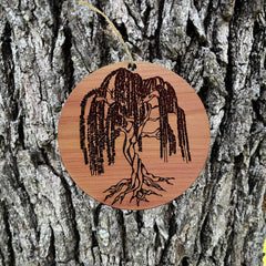 Made in USA cedar ornament with Weeping Willow motif