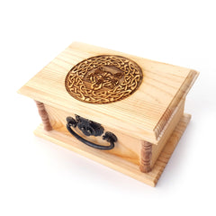 Celtic Wolf Wooden Box front view with brass clasp