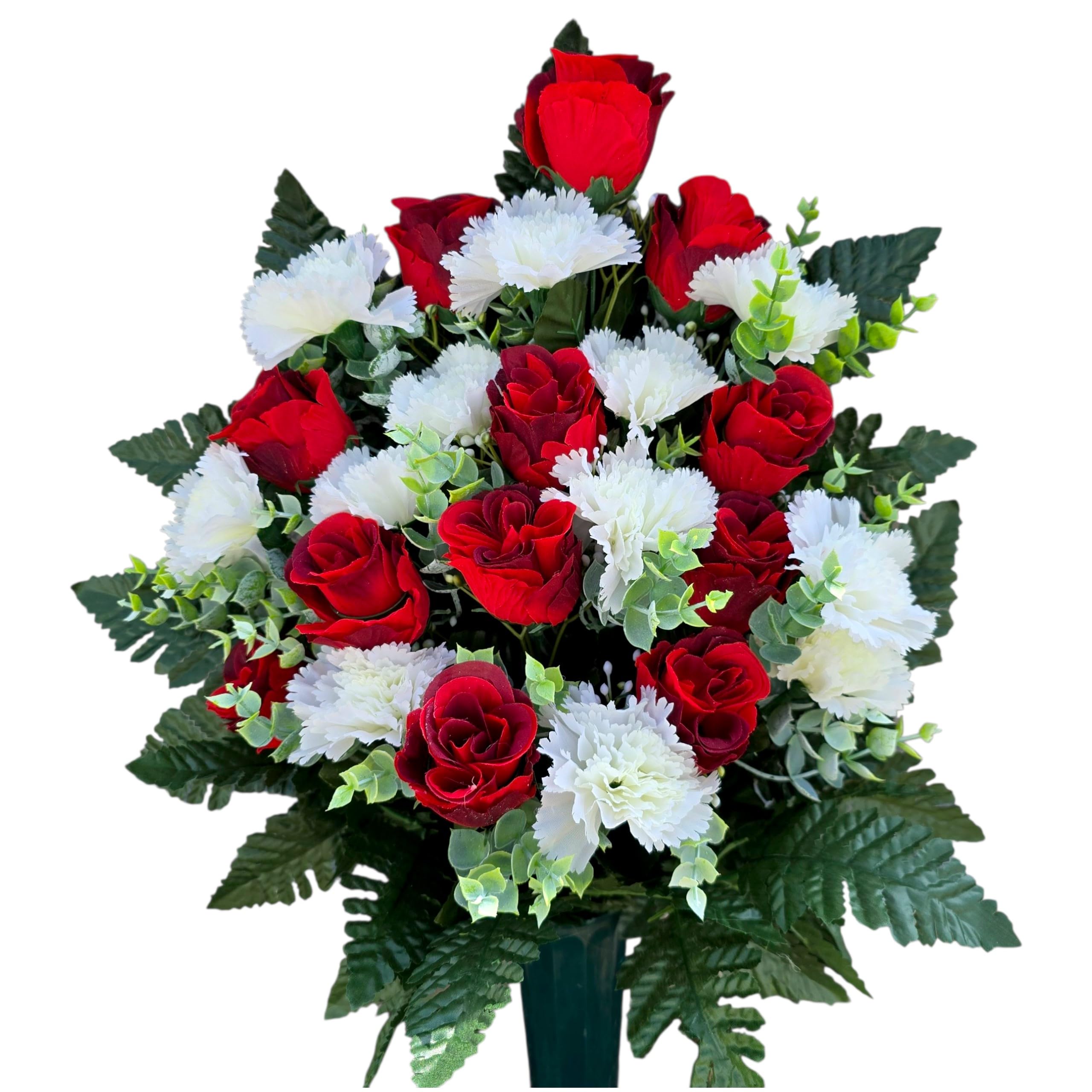 Cemetery Cone front view with red roses and white carnations