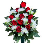 Cemetery Cone front view with red roses and white carnations