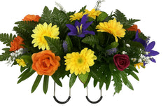 Cemetery Headstone Saddle with Purple Orange Yellow Mix on a grave marker