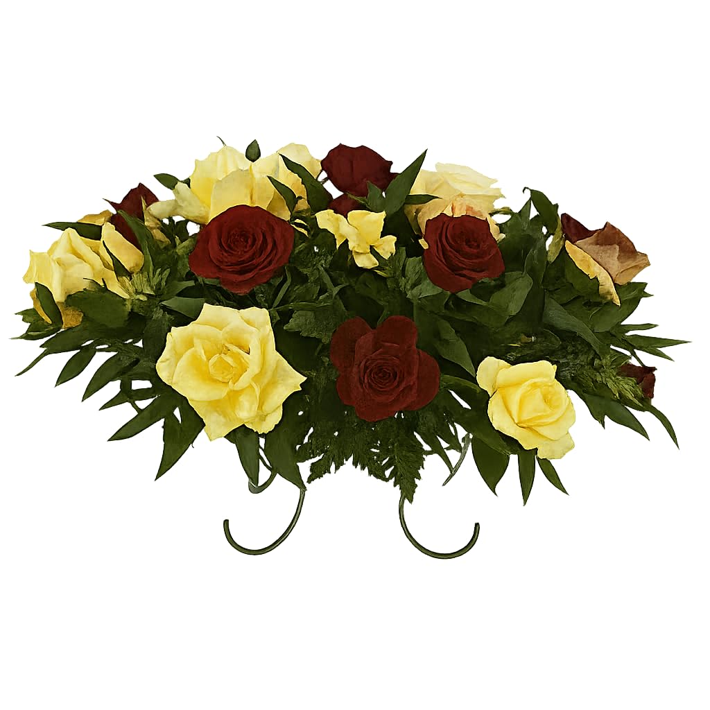 Cemetery headstone saddle arrangement with yellow roses and burgundy peonies