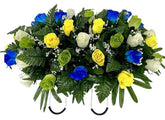 Cemetery Headstone Saddle Flowers blue green yellow roses and baby's breath 24in long
