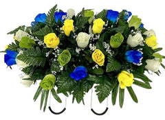 Cemetery Headstone Saddle Flowers blue green yellow roses and baby's breath 24in long
