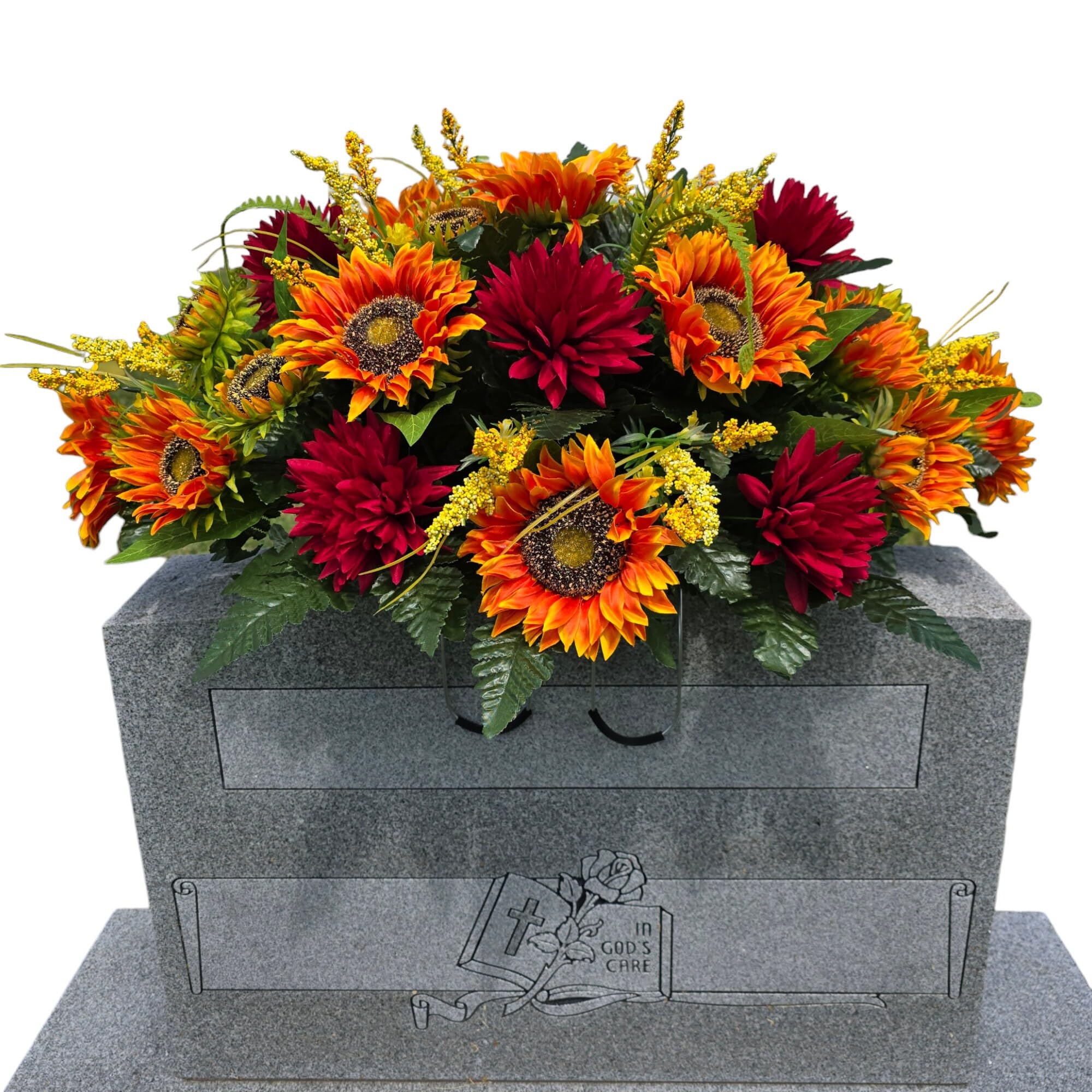 Cemetery Saddle headstone decoration with orange sunflower and burgandy red mums on a metal frame