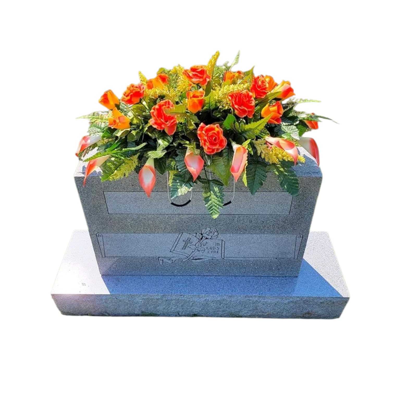 Cemetery Saddle Memorial Decoration with orange roses and calla lilies