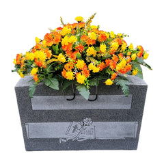 Cemetery Saddle Memorial Decoration orange yellow mini mums on headstone