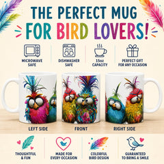 Funny Bird Mug 15oz side view showing expressive bird faces