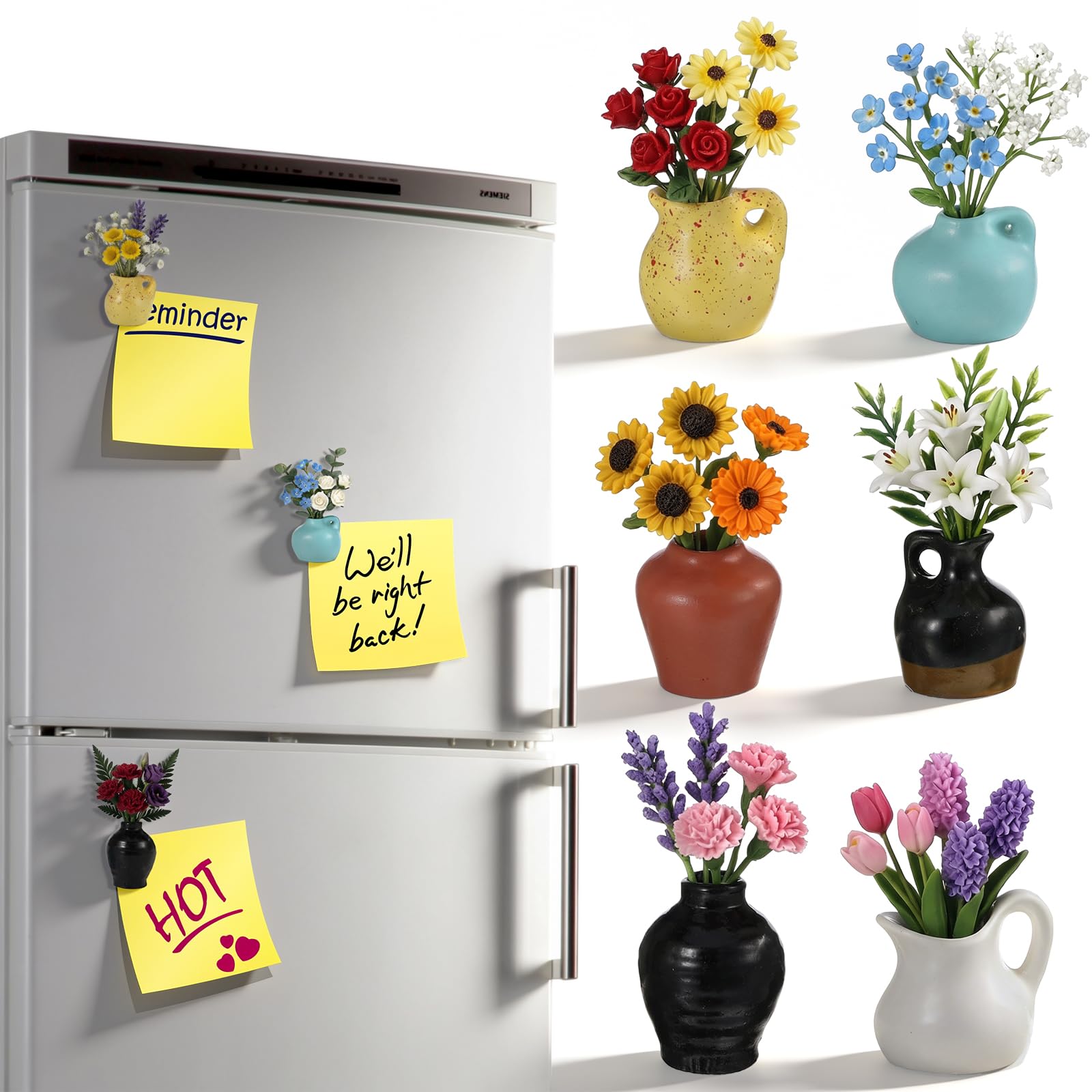 Six ceramic mini vase magnets for fridge with flowers